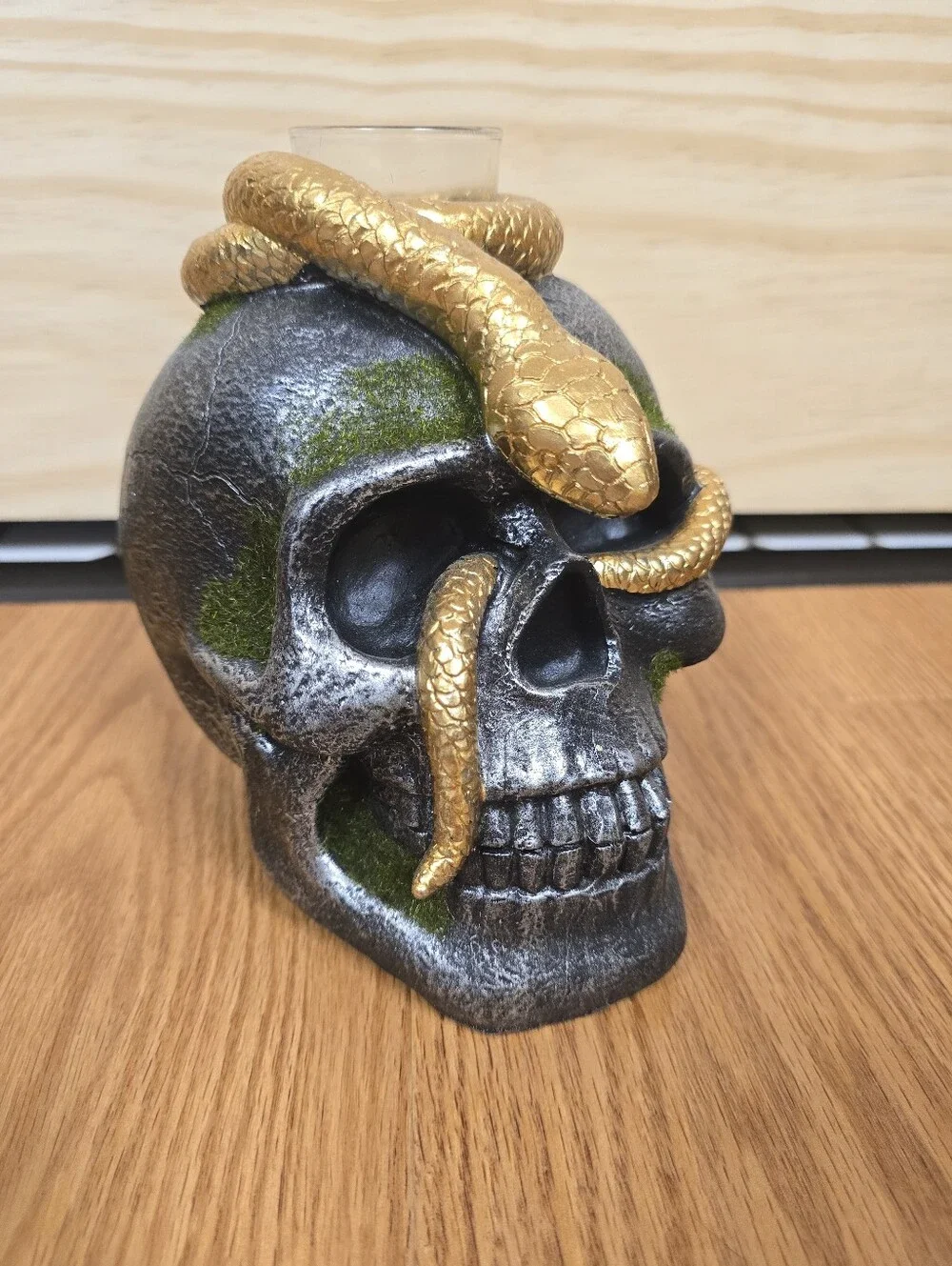 Gold Snake Skull Candle Holder - Metallic Black & Gold Accent